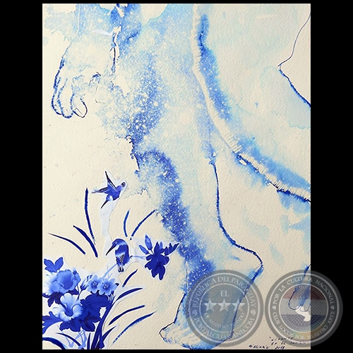 Gigante en el jardín - Serie AZUL dibujo sobre papel de Ricardo Migliorisi - Año: 2018